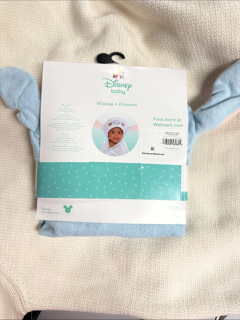 Disney Light Blue Stitch Hooded Baby Bath Towel & Washcloth Set